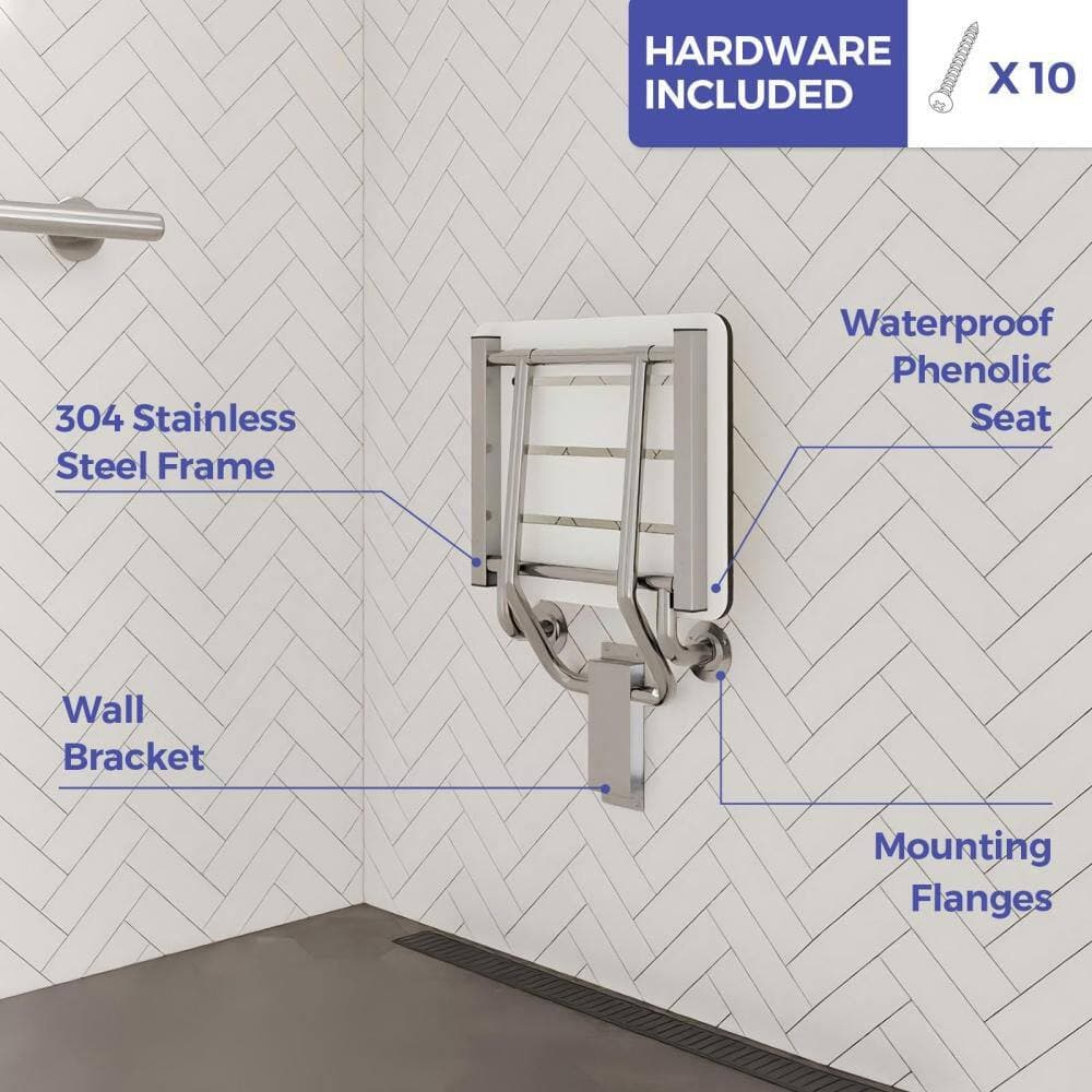 Numhew 18 in. Folding Stainless Steel Shower Seat Bench in White, Wall Mount Bathroom Shower Chair, 400 lb. Capacity (3)