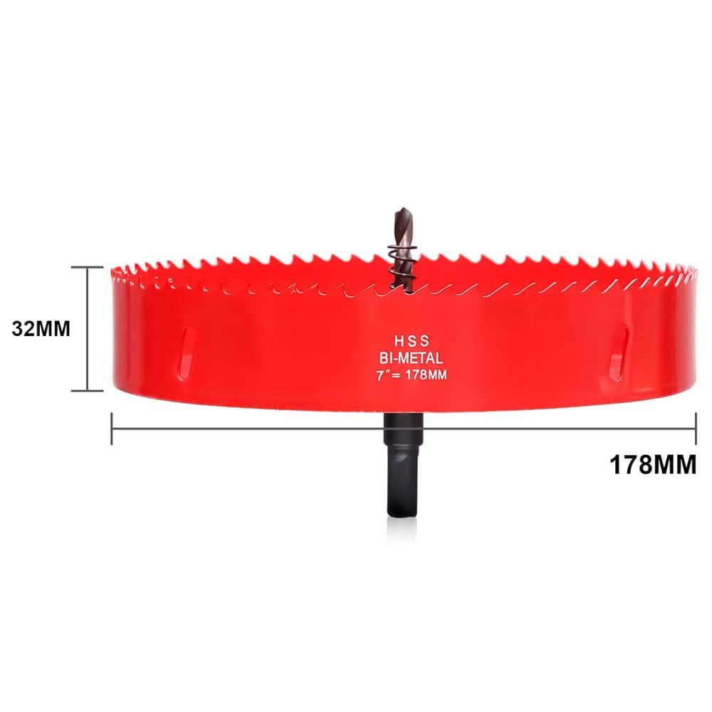 Unbranded 7 in. HSS Bi-Metal Hole Saw 32 mm Cutting Depth for Wood Plastic Drywall Plasterboard Soft Metal Sheet Red (3)