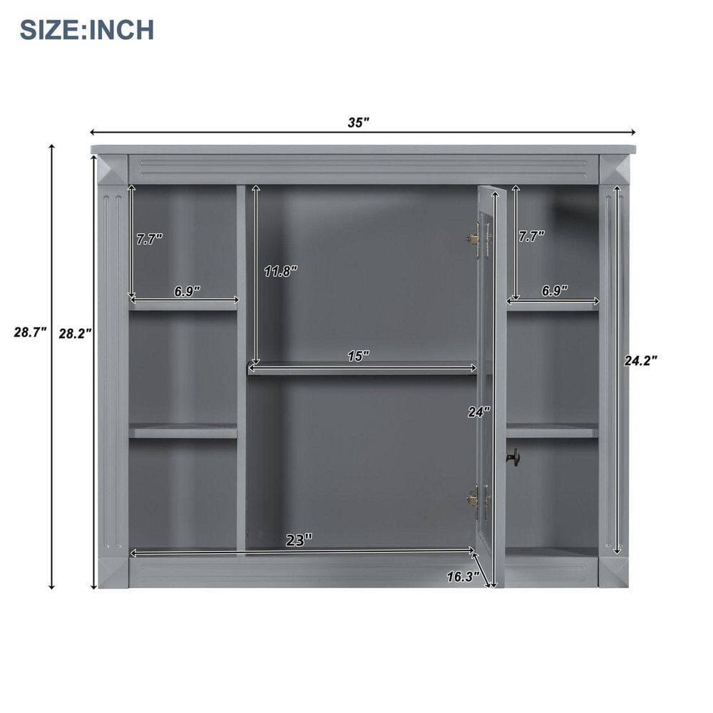 Siavonce 7 in. W x 35 in. D x 29 in. H Wall Mounted Bathroom Linen Cabinet with 6 Shelves Open Shelves and Mirrored Doors, Gray (3)