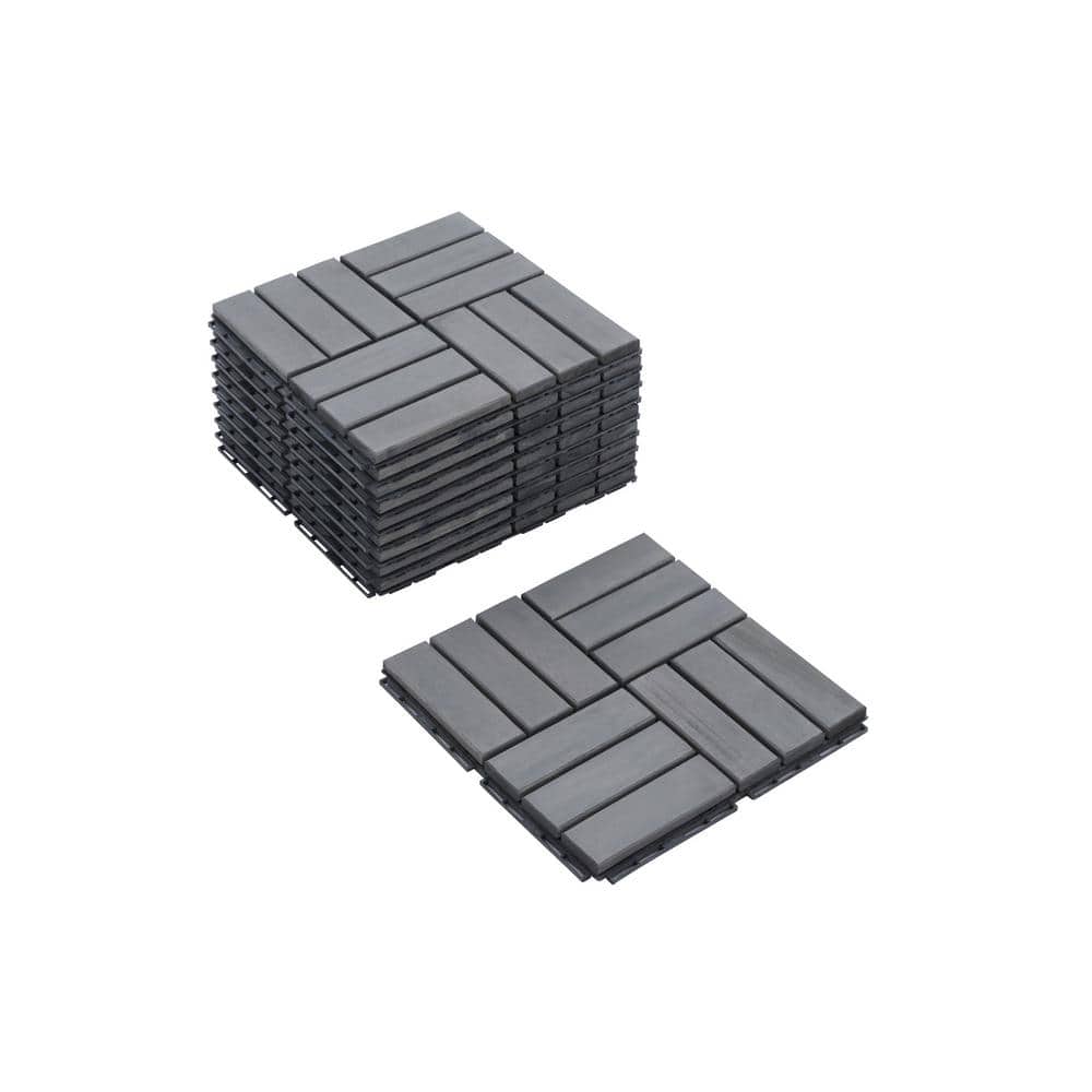 Siavonce 12 in. x 12 in. Light Gray Square Acacia Wood Interlocking Flooring Tiles Checker Pattern Pack of 10 Tiles (1)