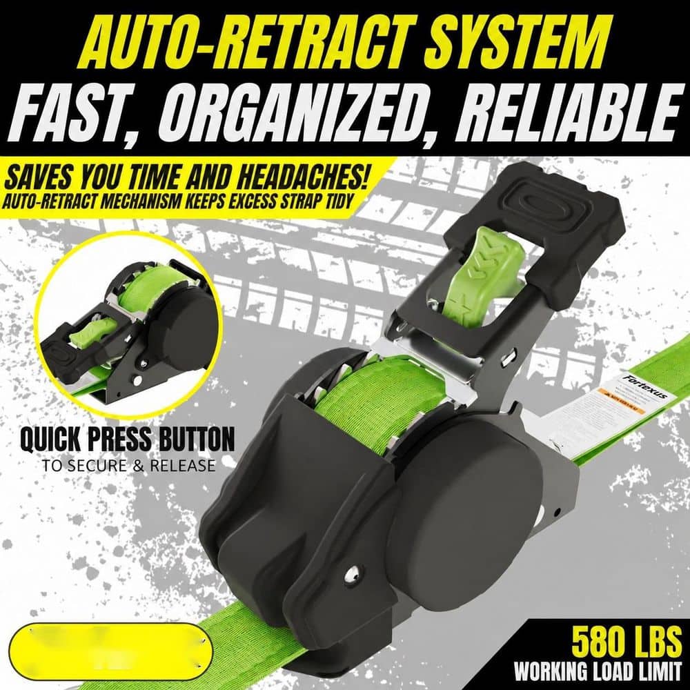 LAIFUCAM 12 ft. x 1 in. Ratchet Fastener Automatic Retractable Ratchet Straps Heavy Duty Tie Downs Neon Green 4-Pack (2)