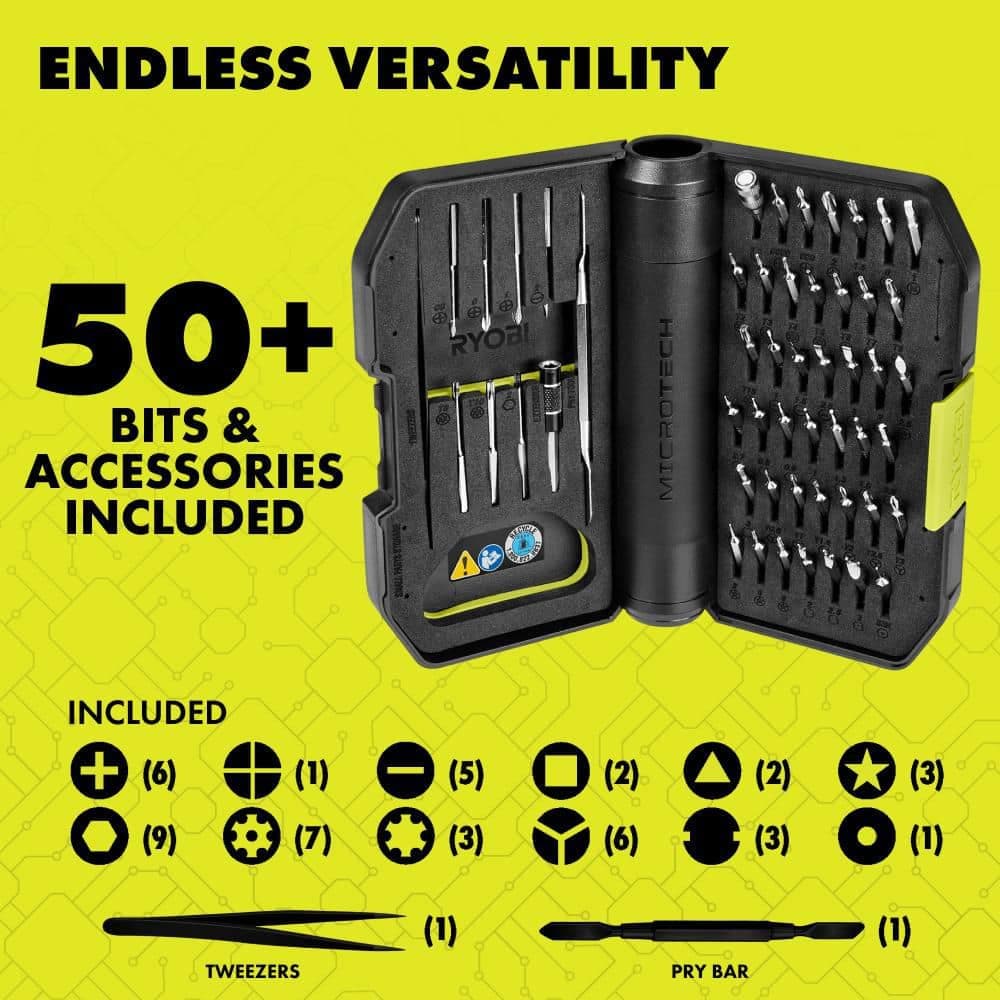 RYOBI MICROTECH Electric Precision Screwdriver Kit with 4mm 50pc Bit Set, Tweezers, Pry Tool, USB-C Charging Cable, and Case (2)