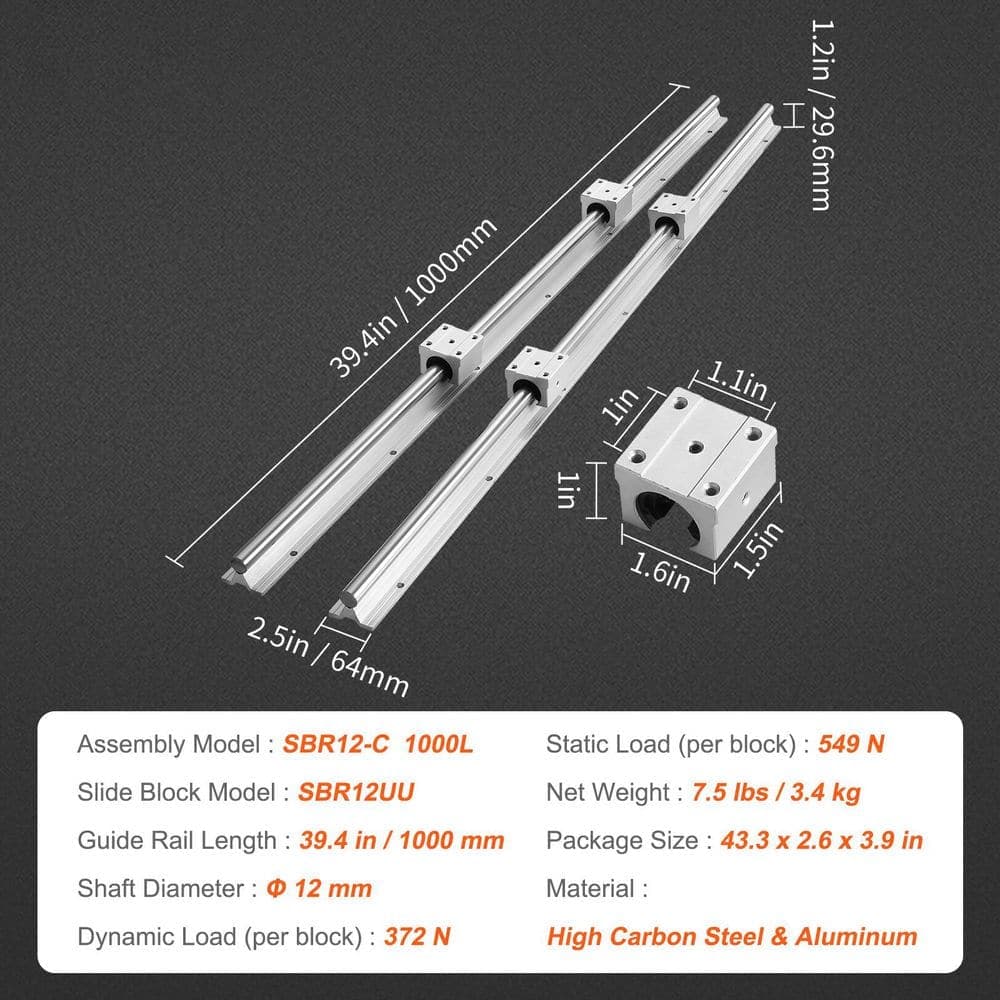 SKYSHALO Linear Guide Rail Set, SBR12 1000mm, 2-Packs 39.4 in. /1000 mm SBR12 Guide Rails and 4-Packs SBR12UU Slide Blocks (2)