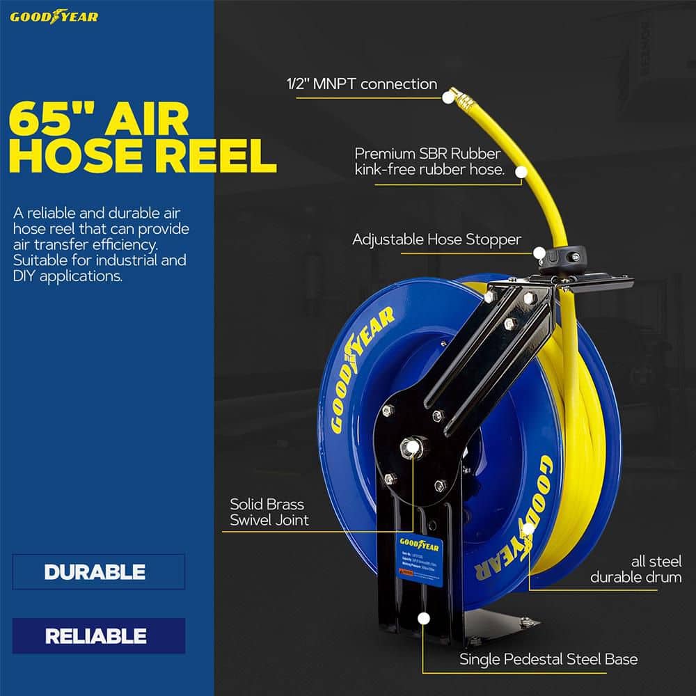 Goodyear 1/2 in. x 65 ft. Steel Single Arm Air Hose Reel SBR Rubber Hose (3)