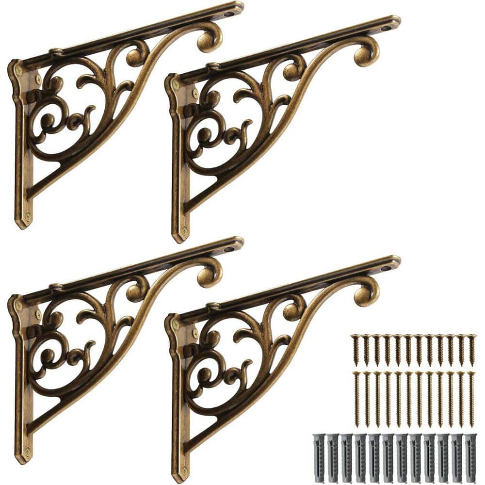 Unbranded Ornate Decorative Shelf Brackets 5 in. Small Wall Mounted Shelving Bracket 4 Pack Antique Brass Vintage Metal Victorian (1)