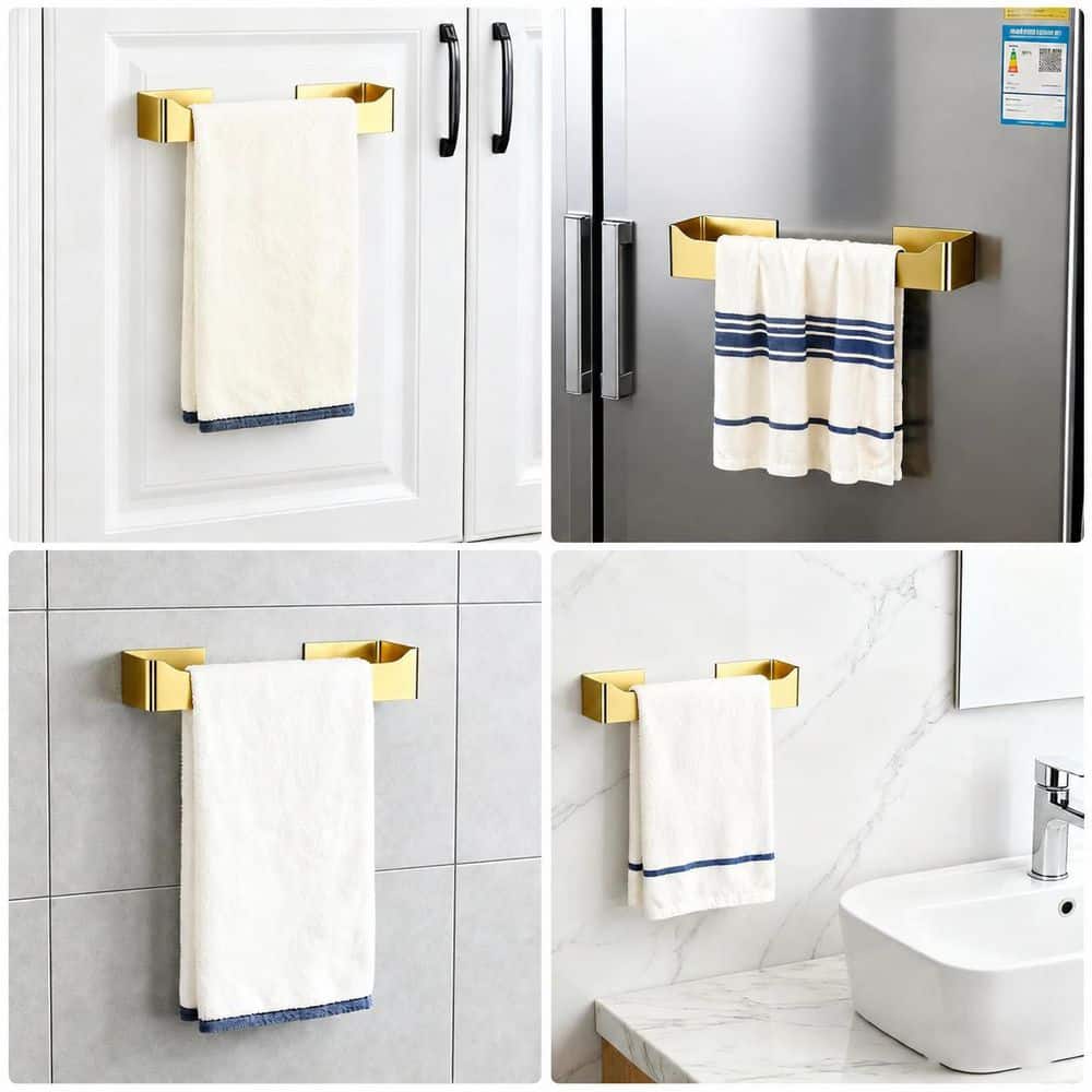 Unbranded 1-Pack Brushed Gold SUS304 Stainless Steel 9 in. Self-Adhesive Bathroom Hand Towel Bar Holder Rack Set (3)