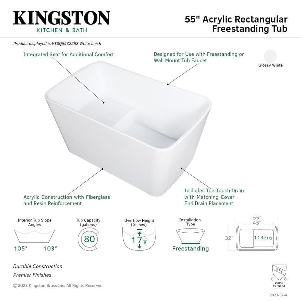 Kingston Brass Aqua Eden 32 in. Acrylic Freestanding Soaking Bathtub with Drain and Integrated Seat (3)