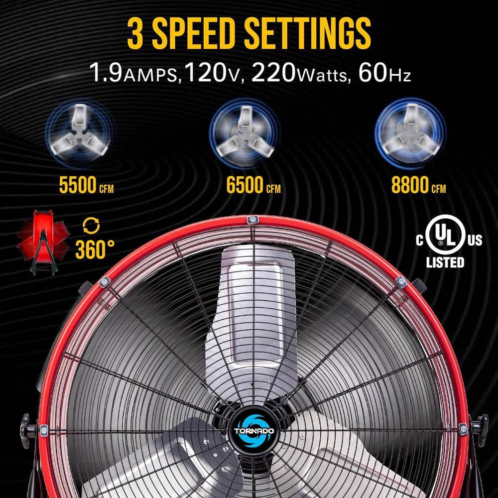 Tornado 24 in. 3-Speed High Velocity Heavy-Duty Metal Drum Fan in Red with Tilting Head and 10 ft. Cord, Wide Version (2)