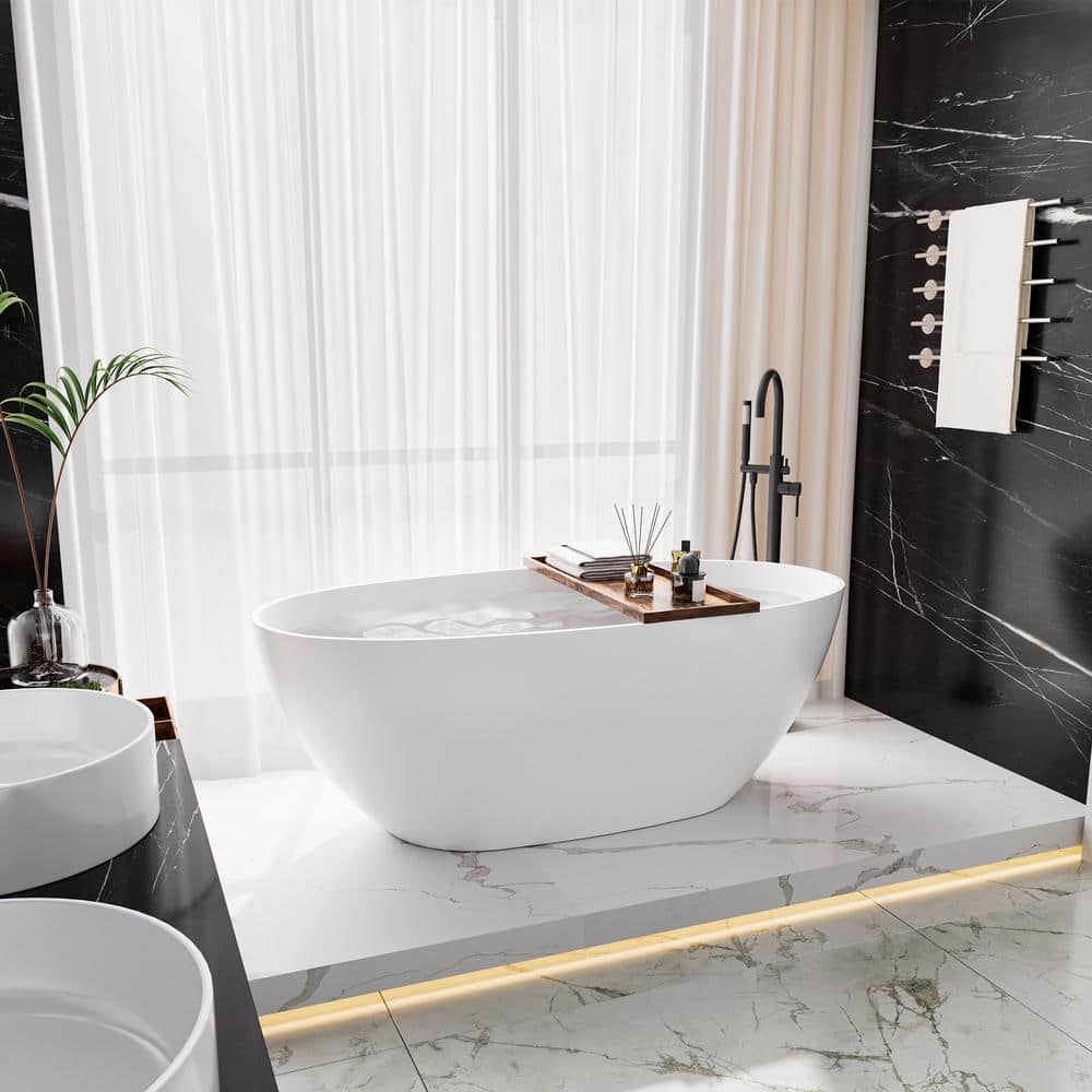 VANITYFUS 29.53 in. Oval Solid Surface Stone Resin Freestanding Double Slipper Soaking Bathtub (1)