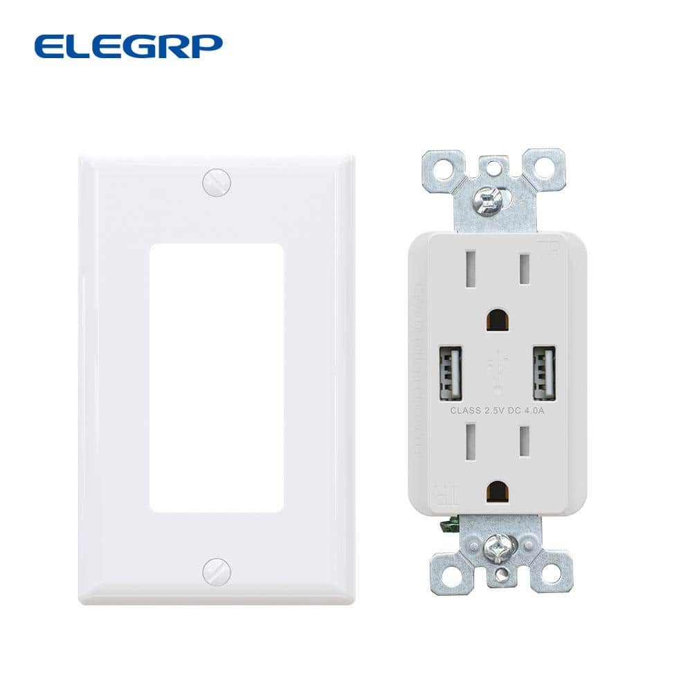 ELEGRP 4.0 Amp Dual USB Ports with Smart Chip, 15 Amp Duplex Tamper Resistant Outlet, Wall Plate Included, White (2-Pack) (2)
