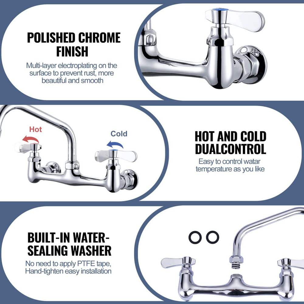 Anqtovp Commercial Sink Faucet with 8 Inch Swivel Spout Dual Handles Brass Utility Wall Mount Chrome for Kitchen Laundry (2)