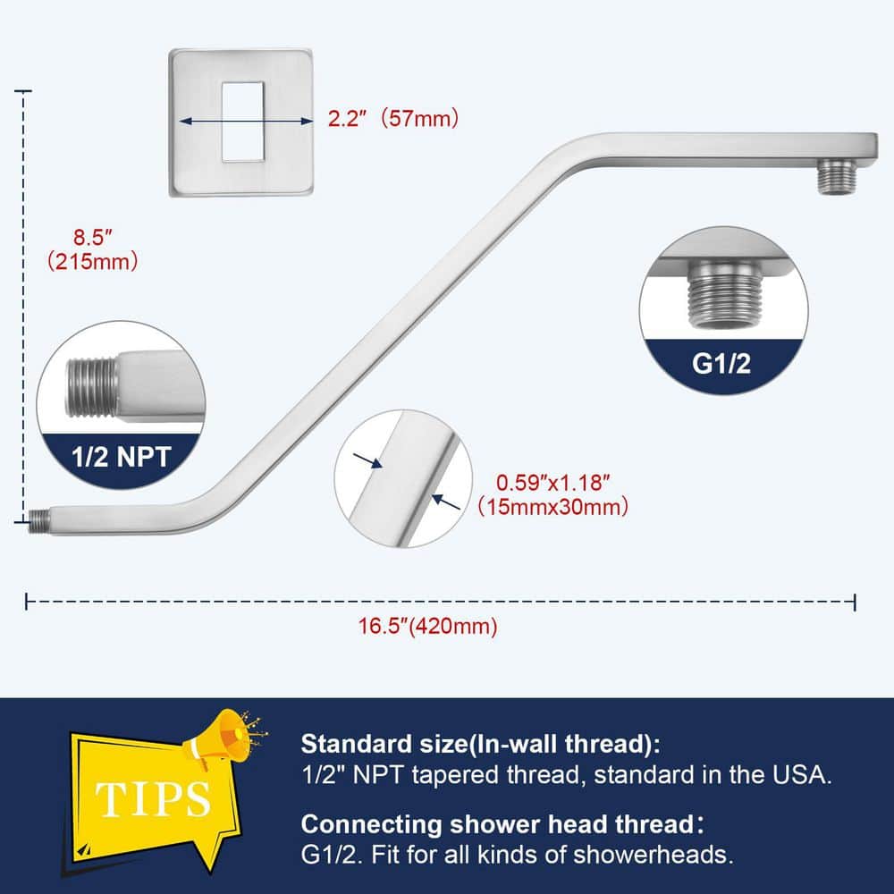 Helhom 16.5 in. Z/S Shaped Square Shower Head Extension Arm with Flange for Fixed Bathroom in Brushed Nickle (2)