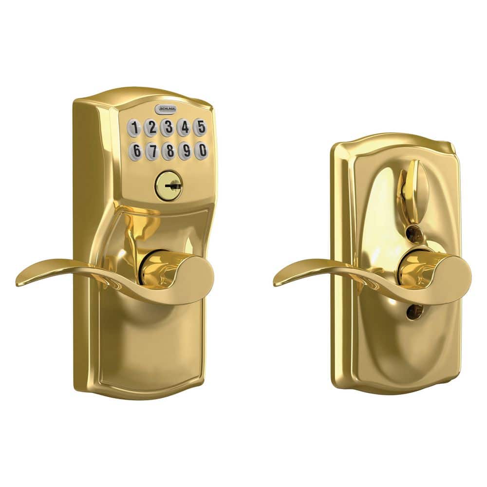 Schlage Camelot Bright Brass Electronic Keypad Door Lock with Accent Handle and Flex Lock