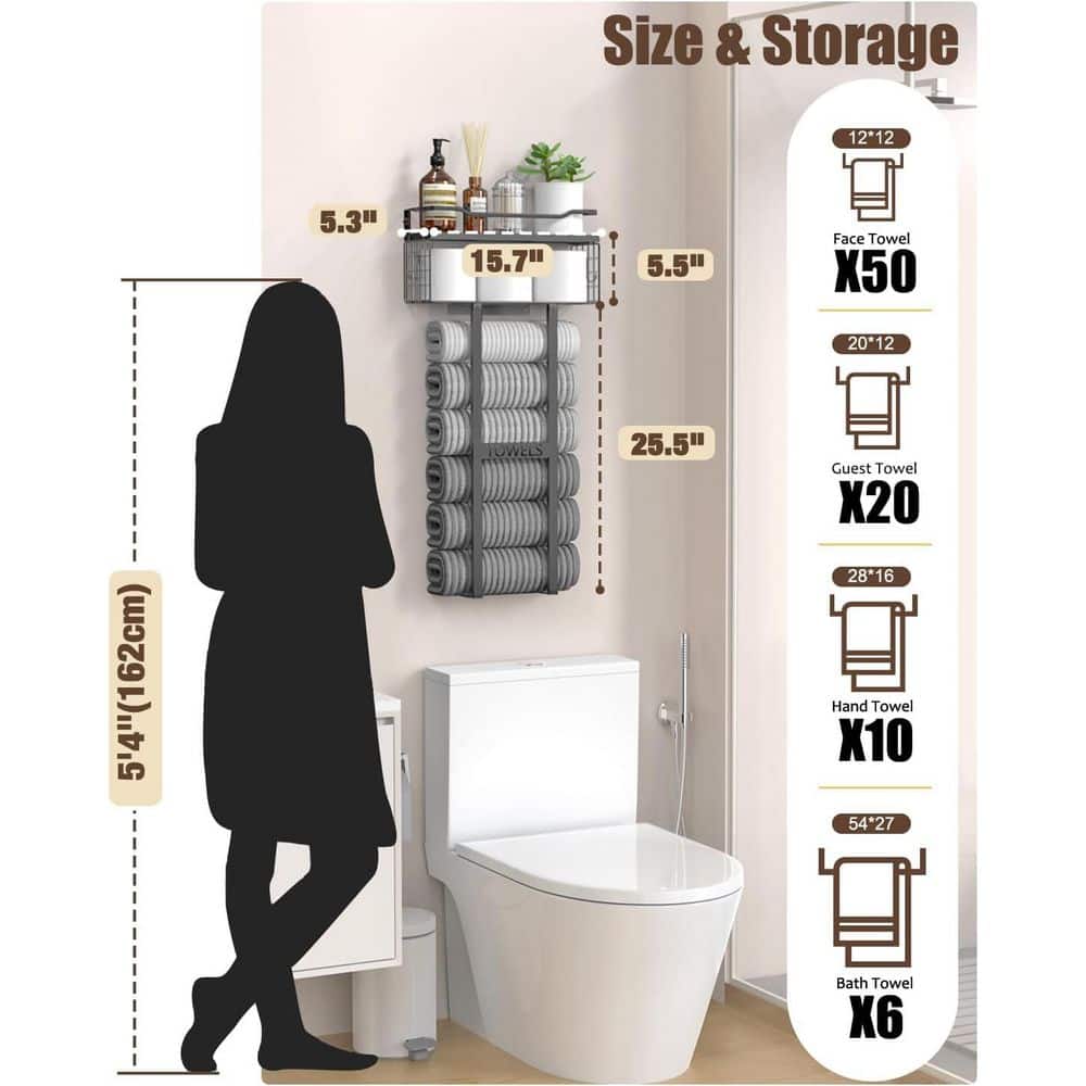 Adrinfly Wall Mounted Metal Towel Rack with Floating Wood Shelf for Bathroom Storage Organizer Holds 6 Large Towels Black (3)
