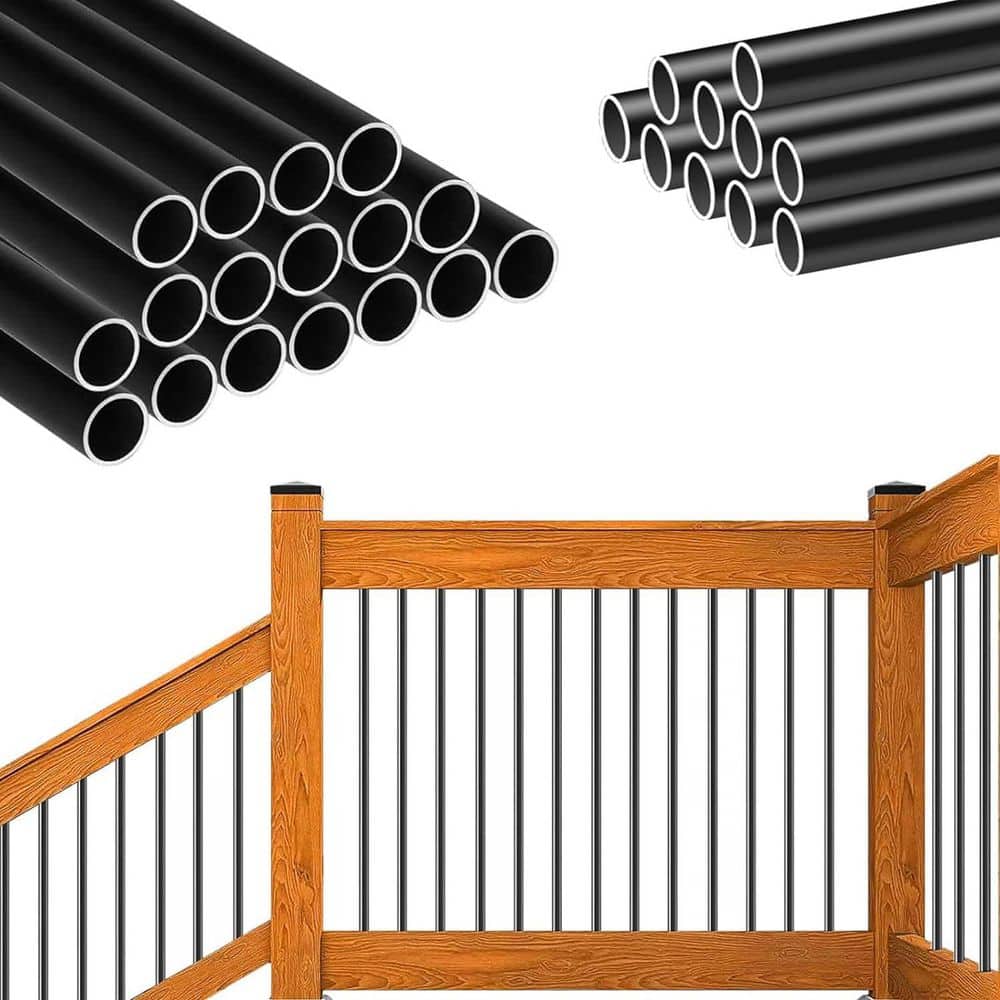 KIWDZFU 26 in. H x 0.75 in. W Black Metal Round Deck Balusters, Hollow Design, Porch Use, Stair Railing Kit (1)