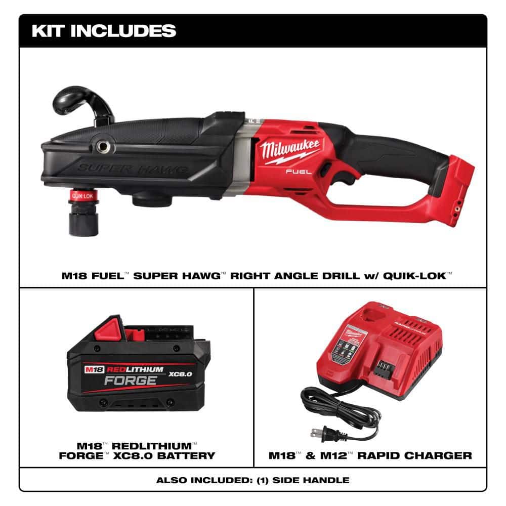 Milwaukee M18 FUEL 18V Lith-Ion Brushless Cordless GEN 2 SUPER HAWG 7/16 in. Right Angle Drill w/ FORGE 8. 0Ah Battery & Charger (2)