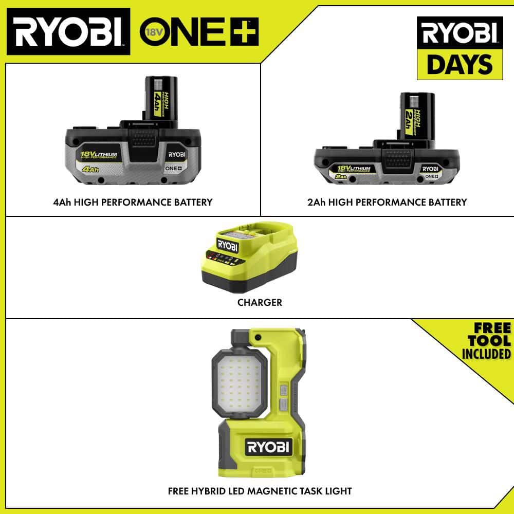 RYOBI ONE+ 18V Hybrid Cordless LED Magnetic Task Light with 4.0Ah Lithium-Ion Battery, 2.0Ah Lithium-Ion Battery & Charger (2)