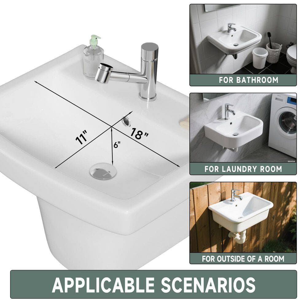 Vomlor Wall Mount Bathroom Sink 21 in. W x 18 in. D x 15 in. H Rectangular Vitreous China in White, 1-Faucet Hole and Overflow (3)