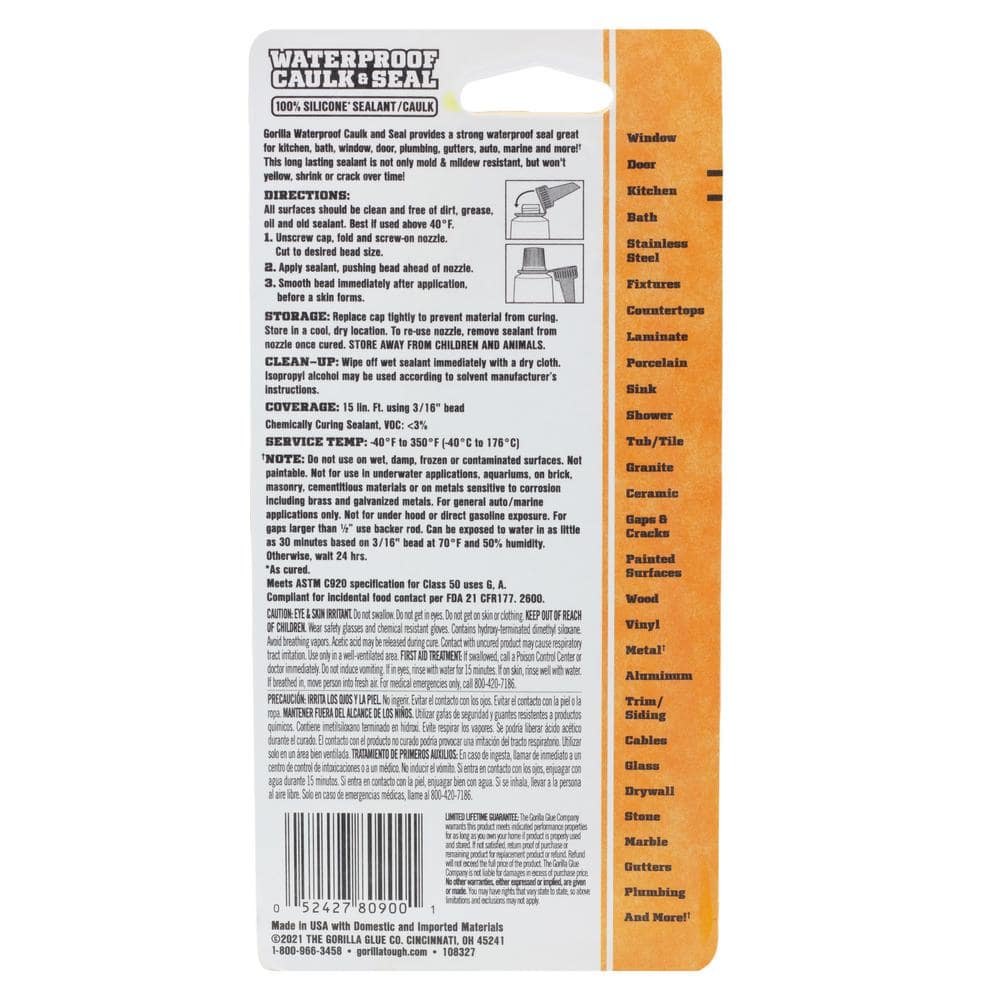Gorilla Waterproof Caulk and Seal 100% Silicone Sealant (2)