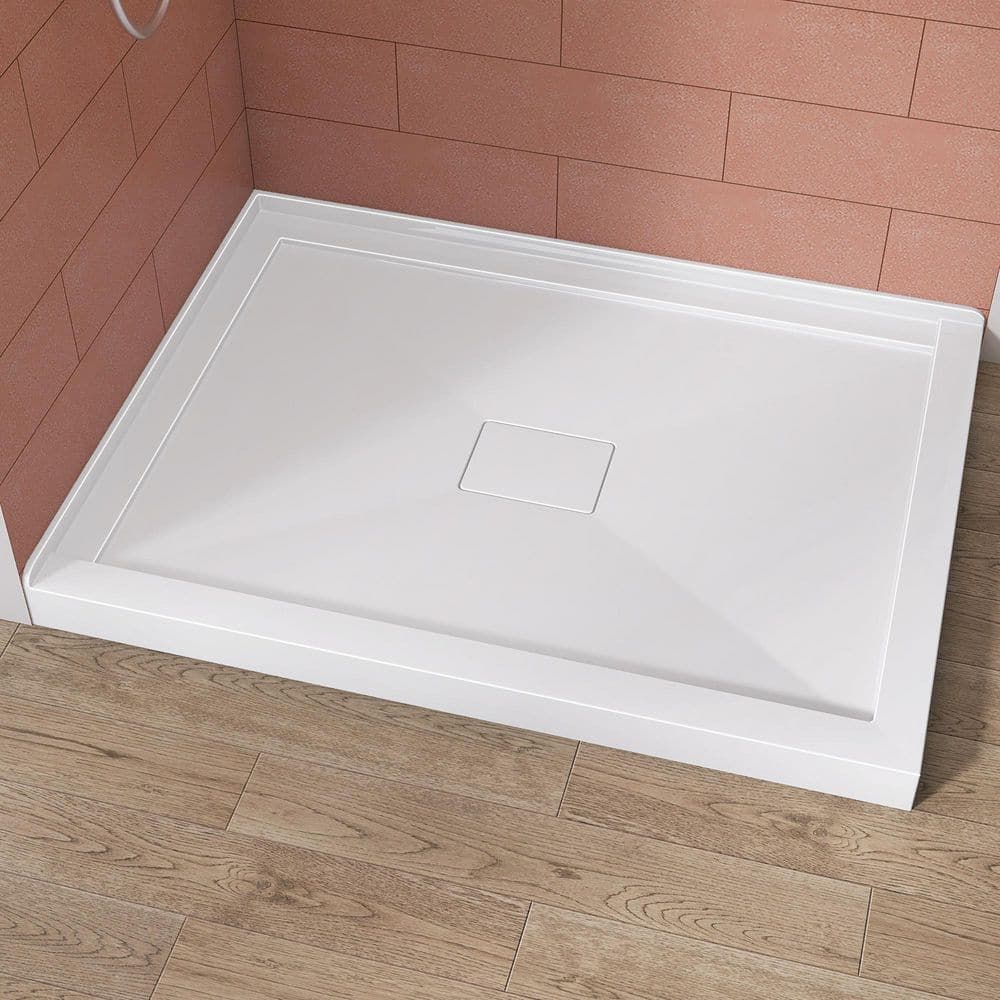 Zeafive Moca 48 in. L x 36 in. W Corner Double Threshold Acrylic Shower Pan Base with Center Drain Cover Shower Tray in White (1)
