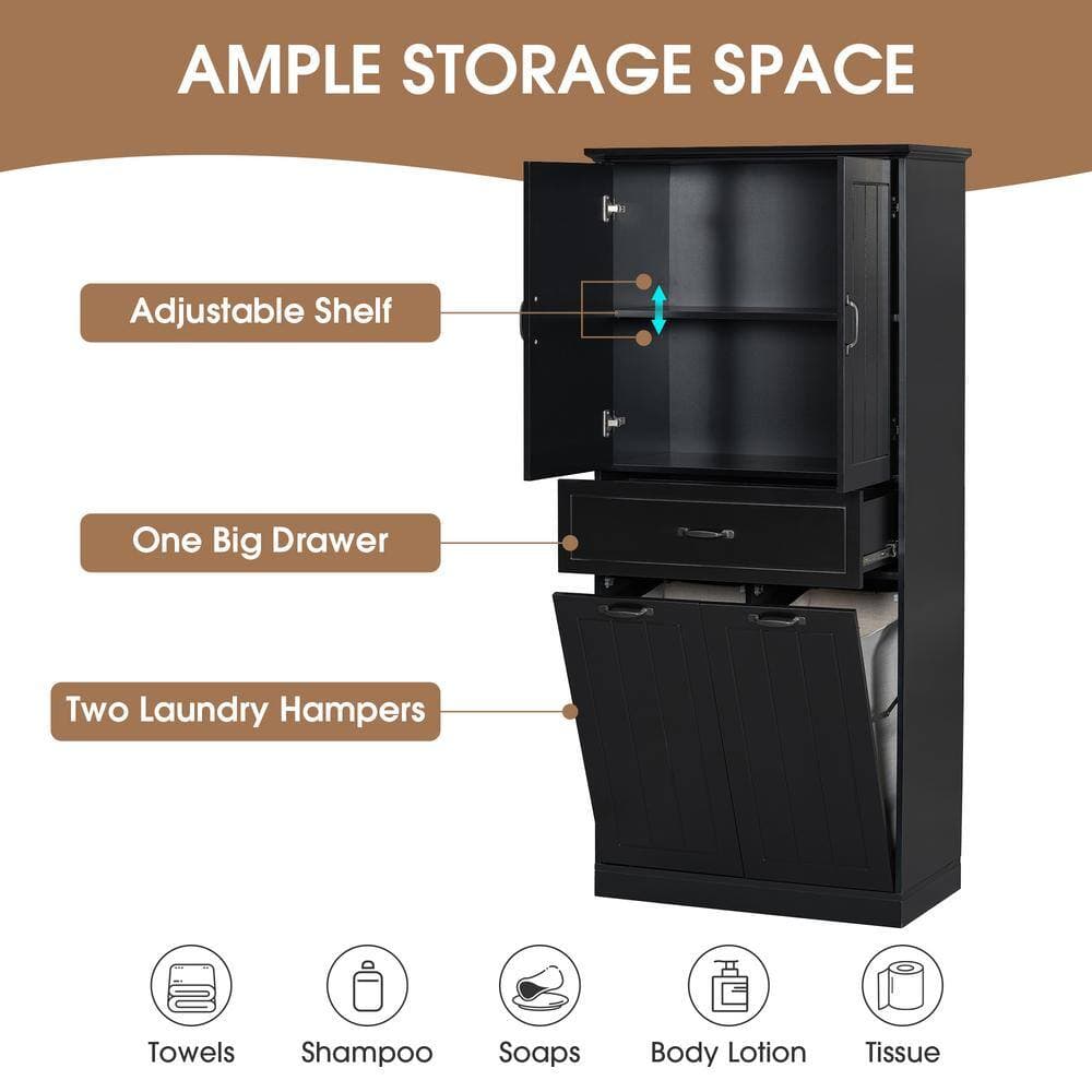 Adrinfly 29 in. W x 15.7 in. D x 65.8 in. H Black Linen Cabinet with Two Laundry Baskets, Doors and Drawer (2)