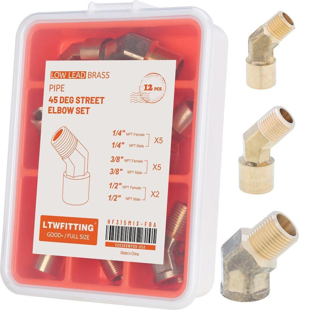 LTWFITTING 1/4 in. 3/8 in. 1/2 in. NPT Female x1/4 in. 3/8 in. 1/2 in. NPT Male Brass Pipe 45 Deg Street Elbow Forged Set (12-Pack) (1)