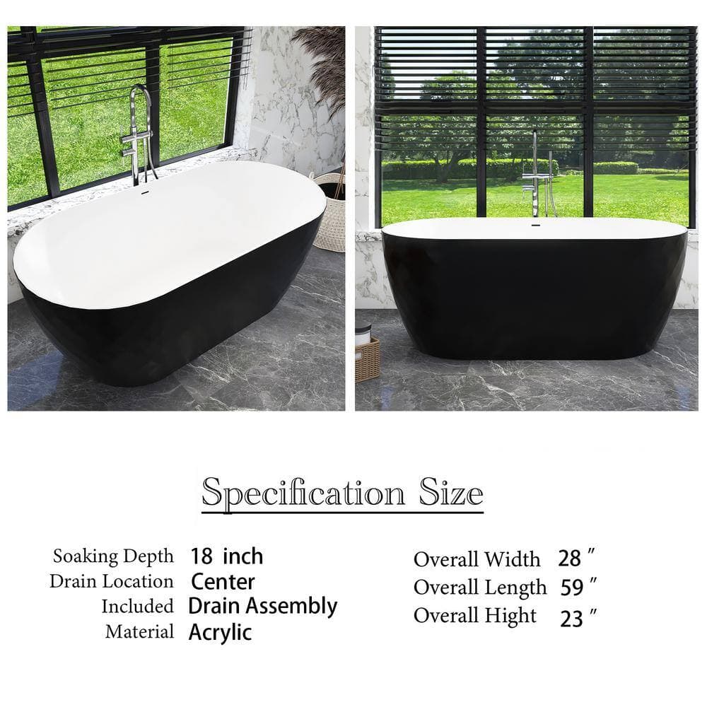 Unbranded 59 in. x 28 in. Soaking Bathtub with Center Drain in White and Black (2)