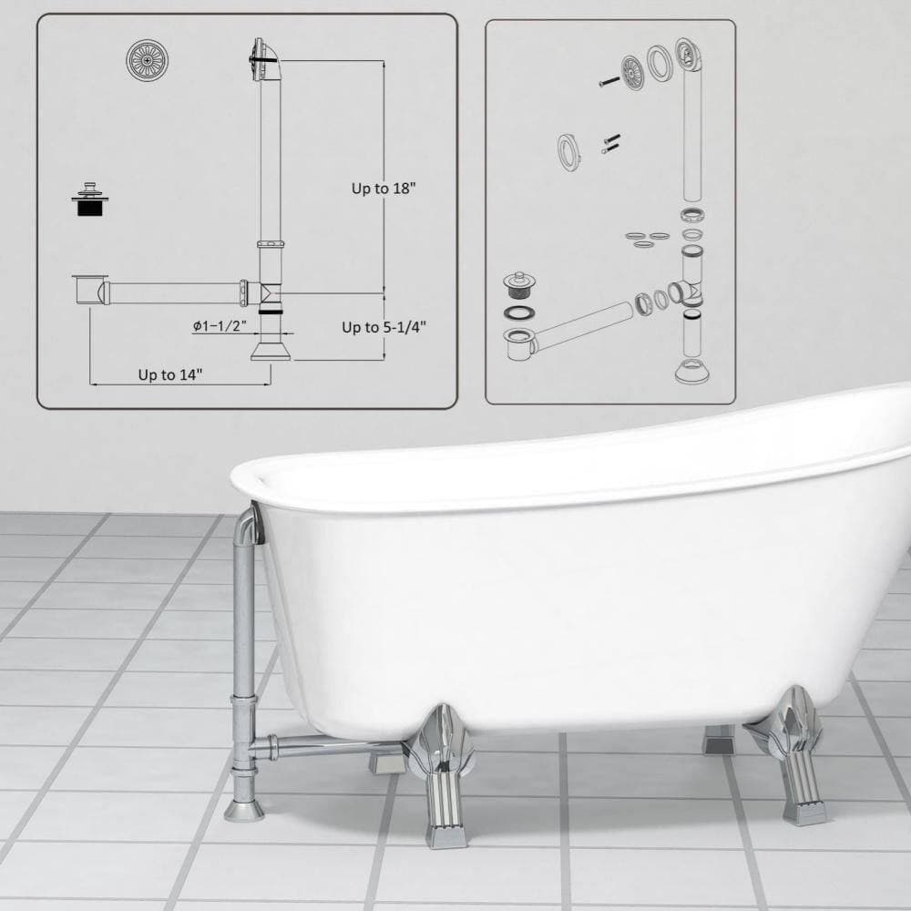 Helhom Vintage Clawfoot Tub Drain Kit in Chrome, 1-1/2 in. Brass Tubular Waste Overflow Assembly, Lift and Turn Stopper (3)