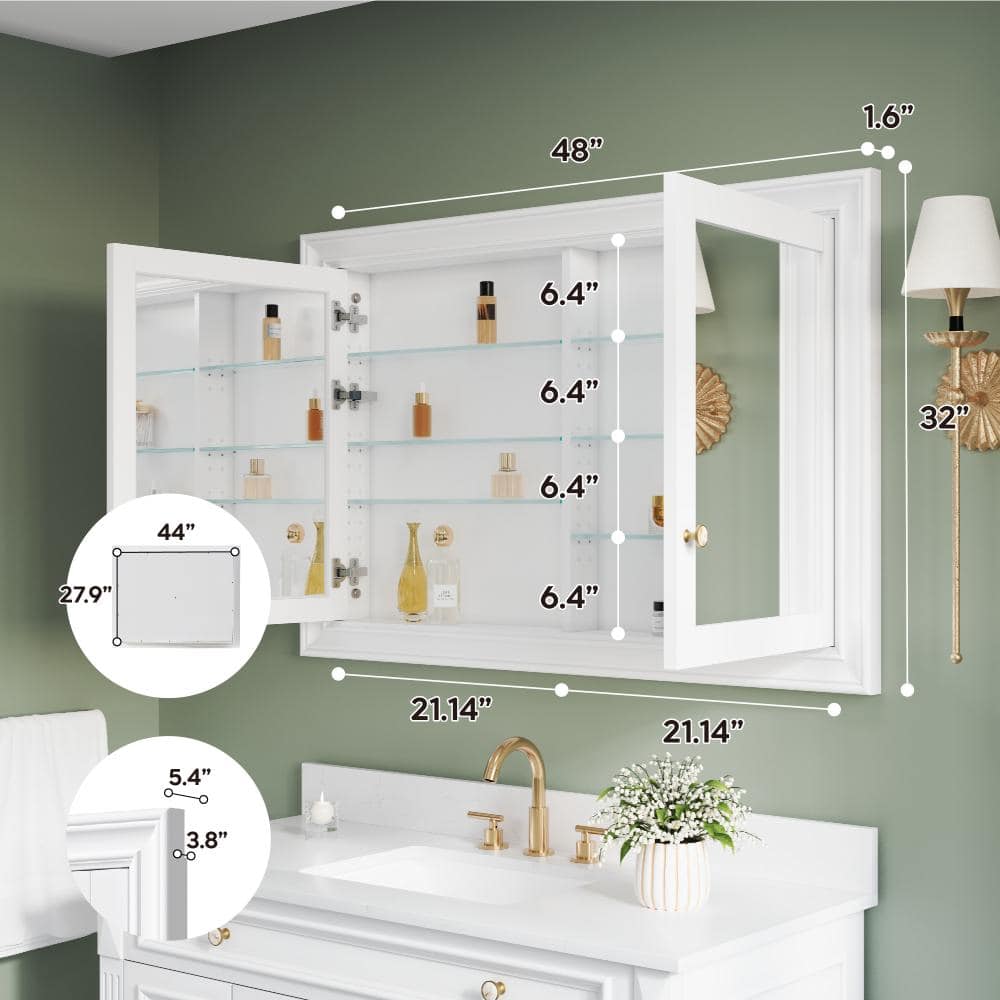 Eoviamne 48 in. W x 32 in. H Rectangular Rubber Wood Recessed Medicine Cabinet with Mirror, 2 Soft-Close Door, Fully-Assembled (3)