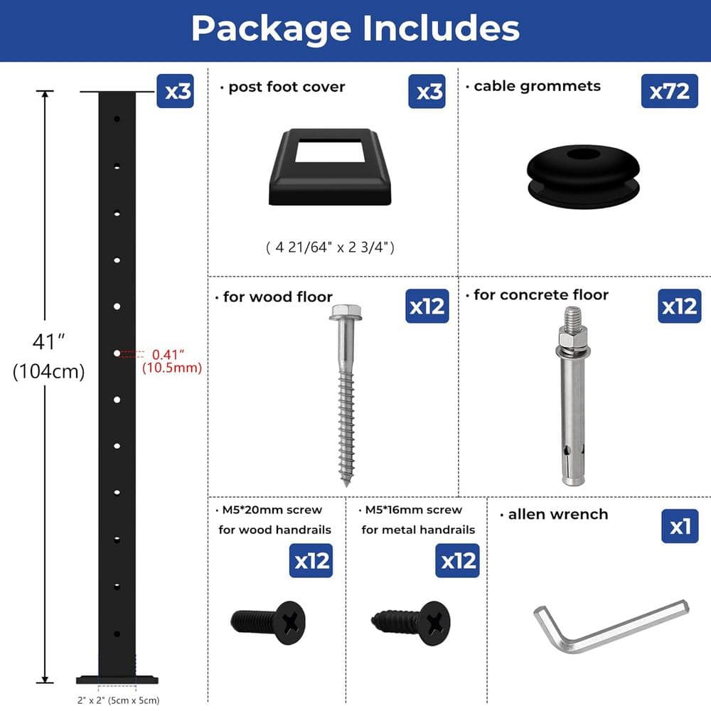Afoxsos Stainless Steel 42 in. Cable Railing Line Post with Cable Grommets Black Finish Flat Top Deck Post (3-Pack) (2)