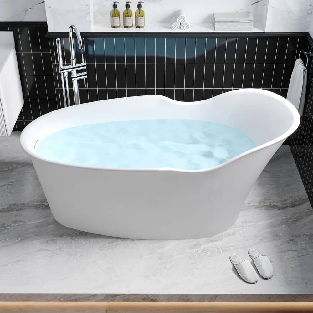 FORCLOVER 66 in. x 34 in. Acrylic Flat Bottom Freestand Soaking Bathtub with Drain in Glossy White (1)