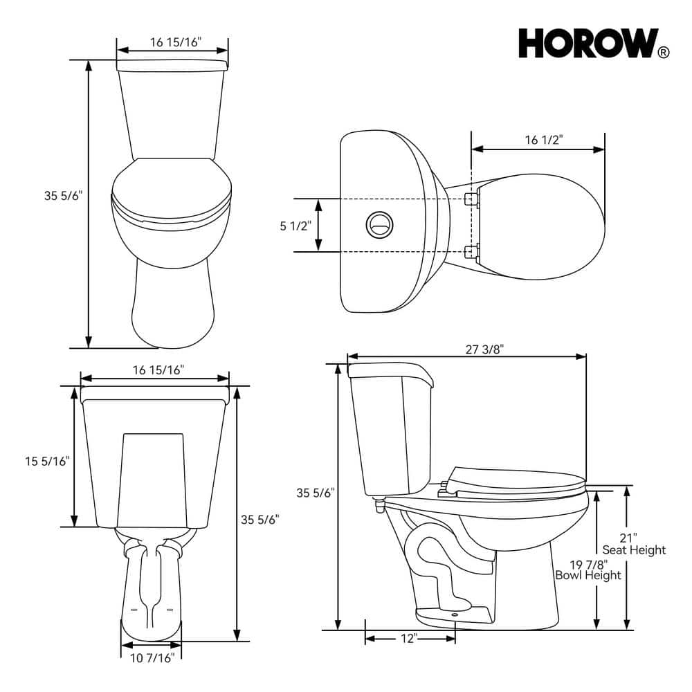 HOROW 1.1/1.6 GPF Dual Flush Elongated 21 in. Heightened Toilet Flush Soft-Close Seat Included 2-Piece (3)