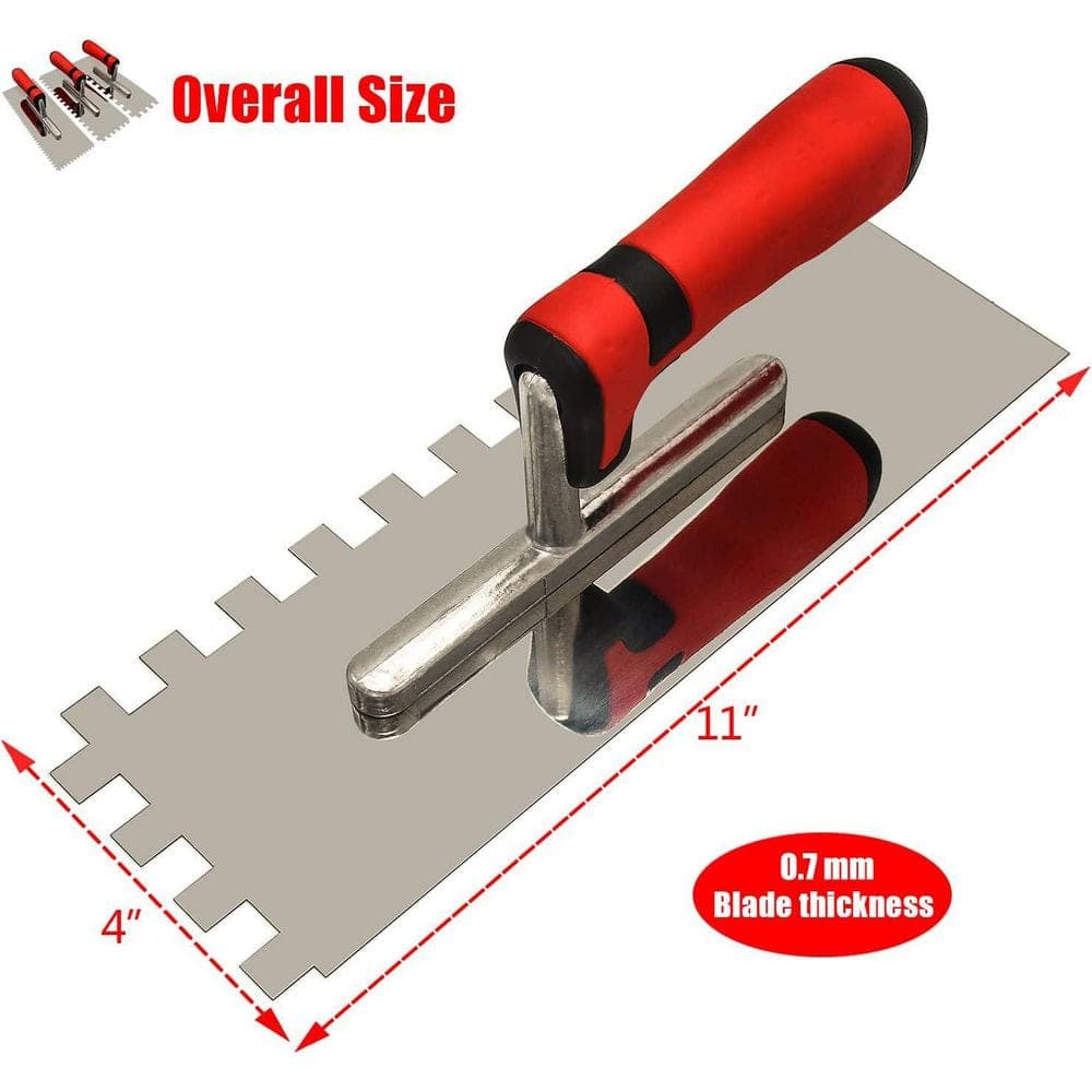 Unbranded 3 PC 11 in. x 4 in. Stainless Steel Square Notch Trowel Set Tile Tools with Red Handle, Masonry Hand Kit for Tiling (3)