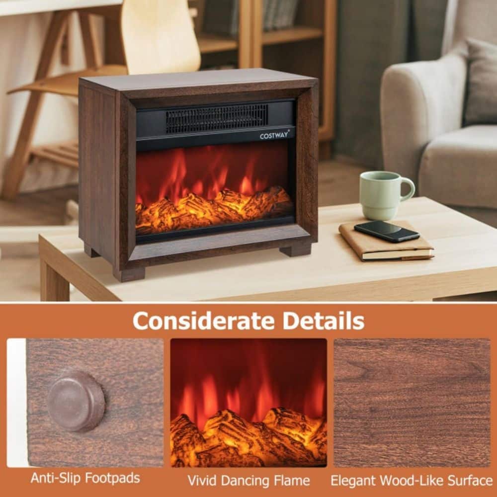 Clihome 13 in. Portable Freestanding Electric Fireplace in Brown, 750W/1400W Heater for 300 sq. ft., Cool-Touch Top (3)
