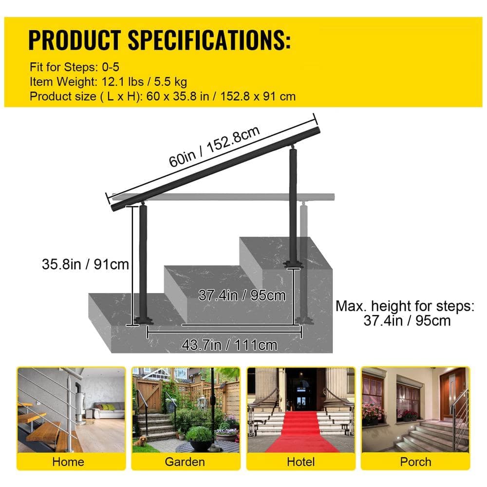 SKYSHALO 35.8 in. x 5.3 in. Black Aluminum Outdoor Stair Railing Kit Handrails 0-5 Steps Adjustable (2)