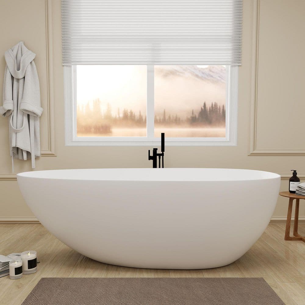 SJ STAR&JANE Verna 67 in. x 33 in. Stone Resin Freestanding Soaking Bathtub in White (2)