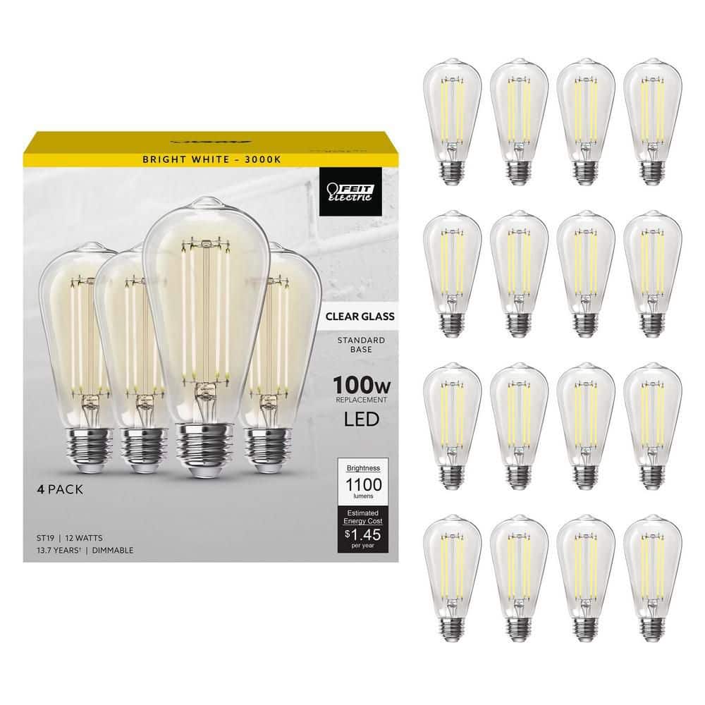 Feit Electric 100-Watt Equivalent ST19 Dimmable Straight Filament Clear Glass E26 Vintage Edison LED Light Bulb, Bright White(16-Pack)