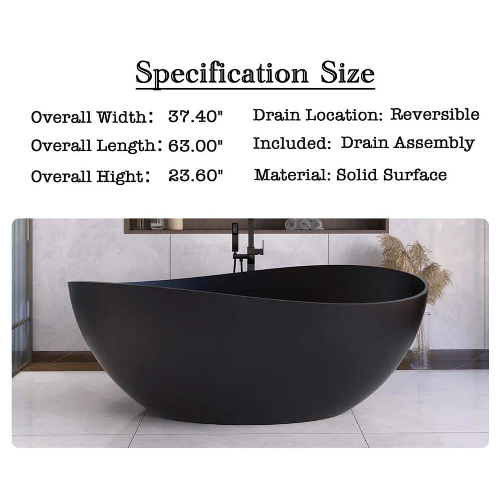 JimsMaison 37.4 in. Solid Surface Freestanding Soaking Bathtub with Center Drain (2)