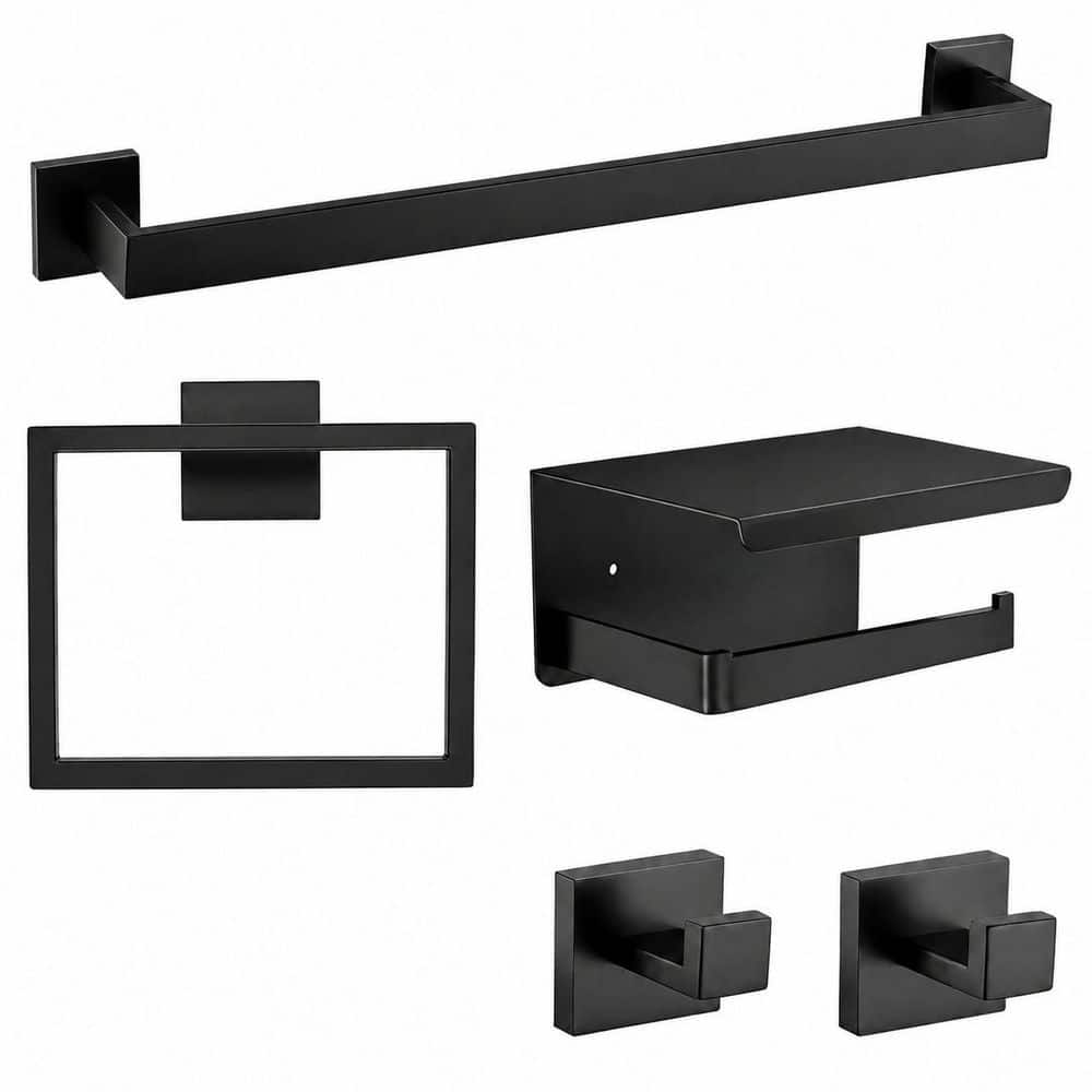 KHKFY Matte Black 5-Piece Bathroom Accessories Set in SUS 304 Stainless Steel, 16 in Towel Bar, Wall Mounted (1)