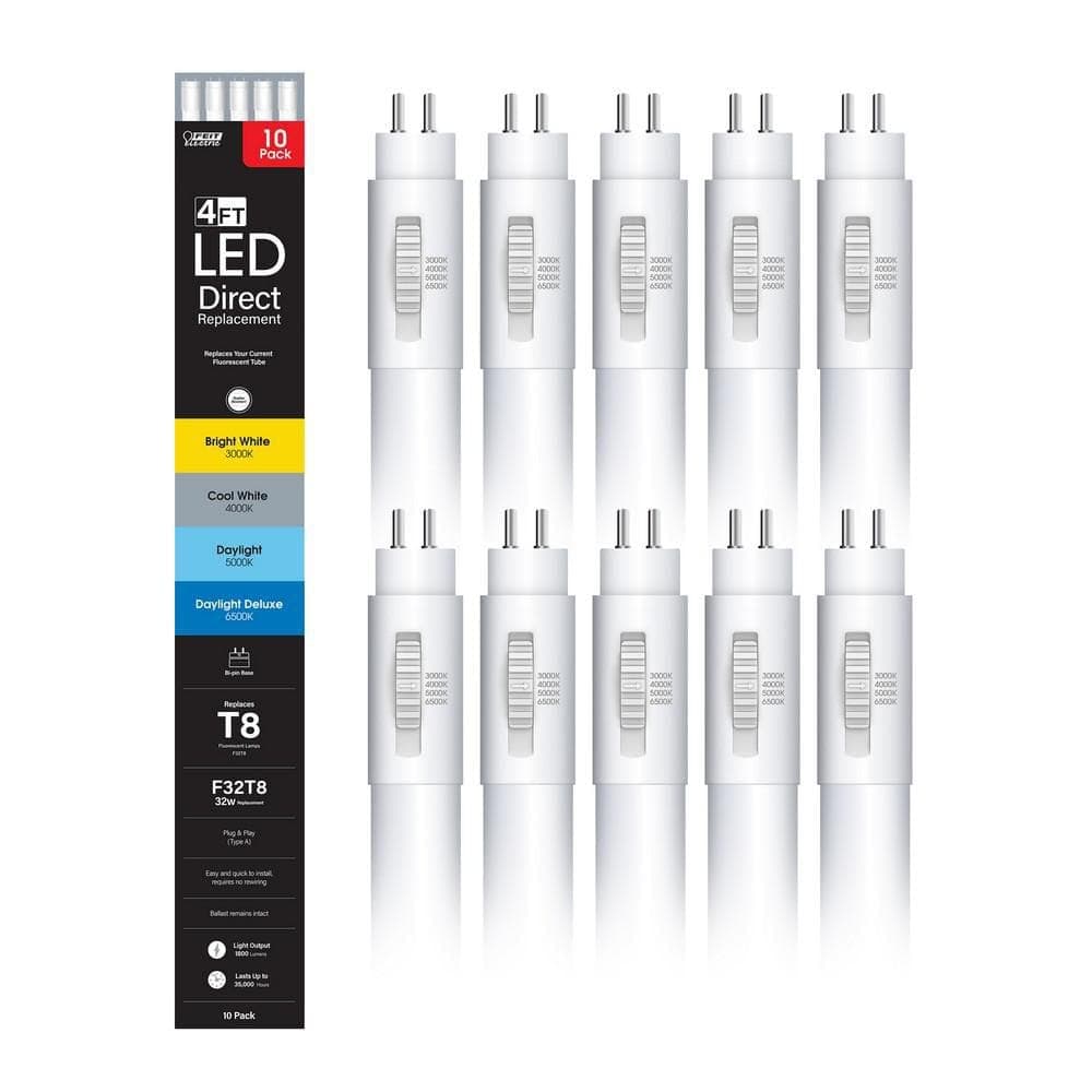 Feit Electric 32-Watt 4 ft. T8 G13 Type A Plug and Play Linear LED Tube Light Bulb Selectable White 3000K,4000K,5000K,6500K (10-Pack) (2)