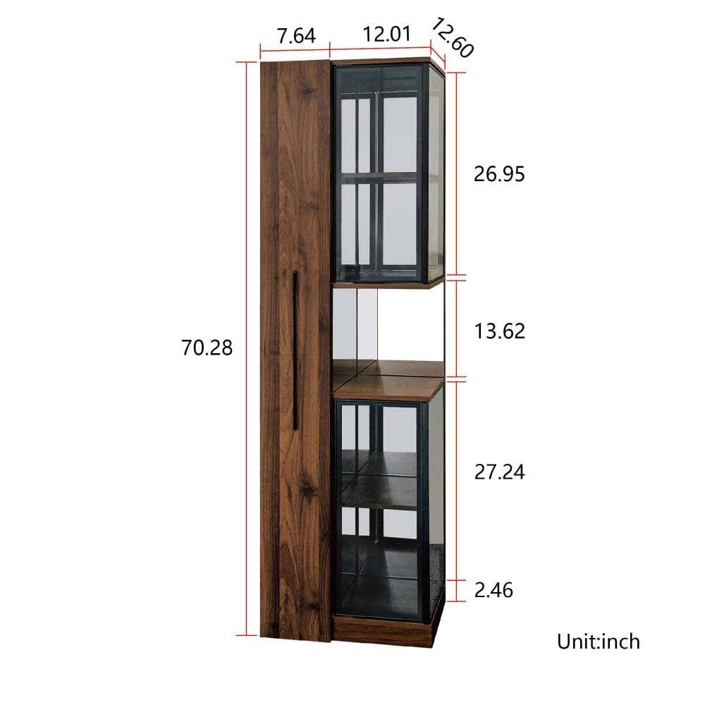 XUJMK 20 in W x 13 in D x 70 in H Linen Cabinet, Display Cabinet with Glass Doors, Lights, Pull-Out Multi-Tier Shelf, Walnut (2)