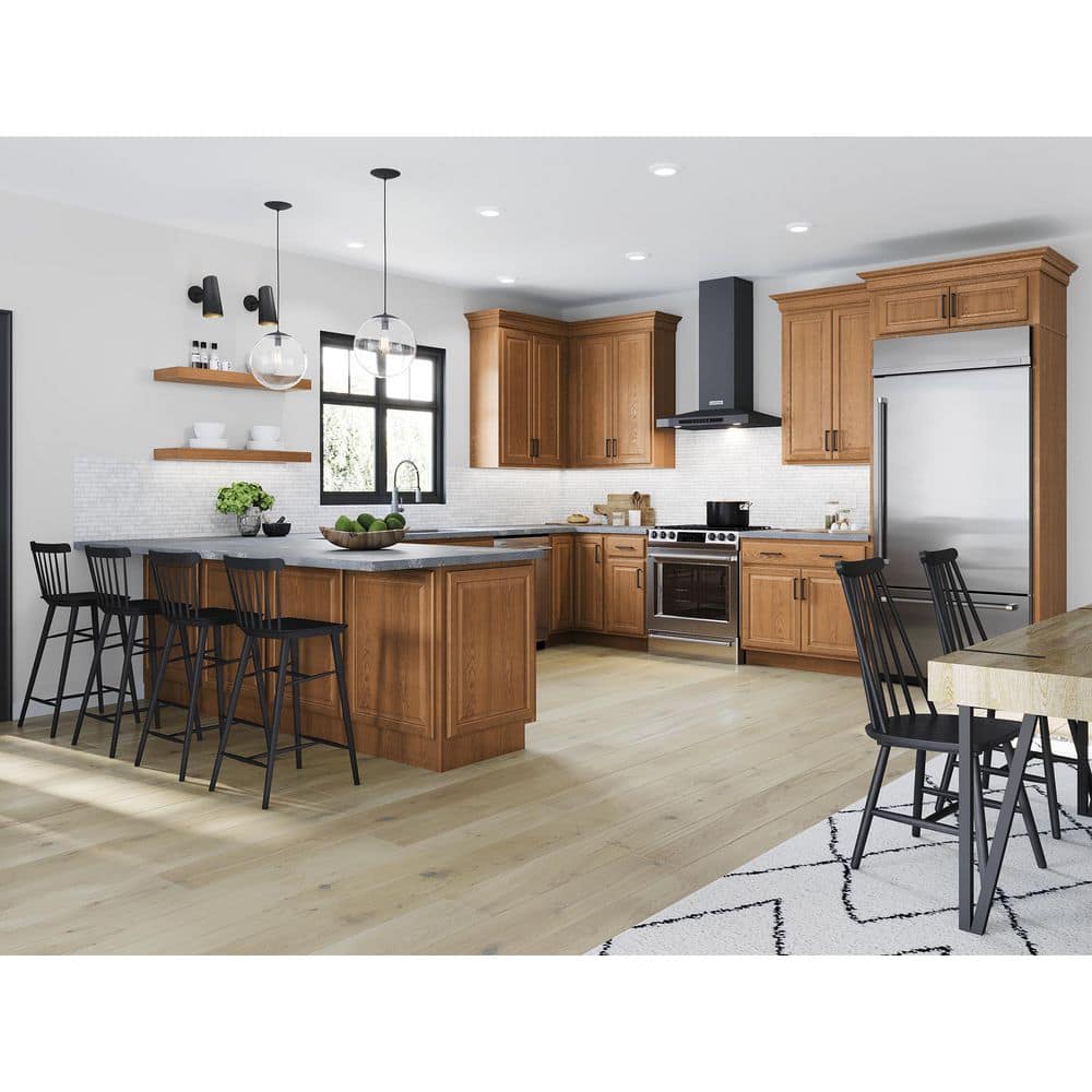 Hampton Bay Hampton 36 in. W x 24 in. D x 34.5 in. H Assembled Base Kitchen Cabinet in Medium Oak (3)
