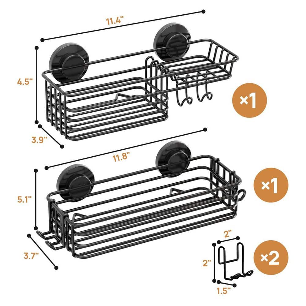 Wudkey 2-Pack Shower Caddy Suction Cup, Suction Shower Shelf with Hooks and Soap Holder, NO-Drilling in Black (3)