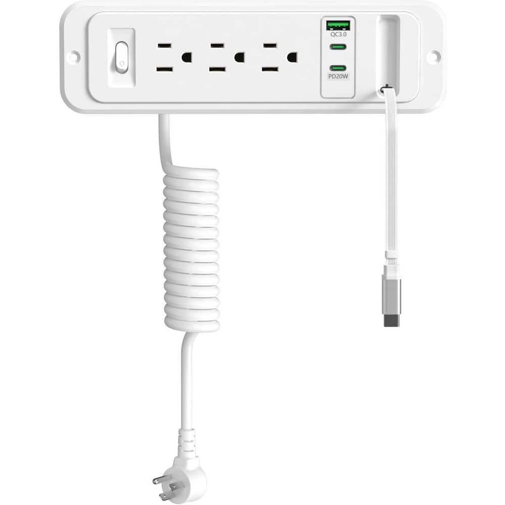 OBJLGEV 6 ft 4-Outlet 1 USB-A Port 3 USB-C Ports Surge Protector with Retractable PD20W USB-C Cable for Desk Drawer (1)