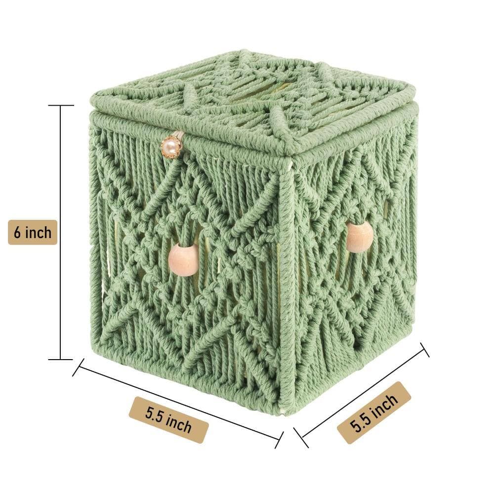 Unbranded Boho Macrame Tissue Box Cover, Cotton Rope, Wood Bead Accents, Light Green, 5.5 x 5.5 x 6 in Square Box (3)
