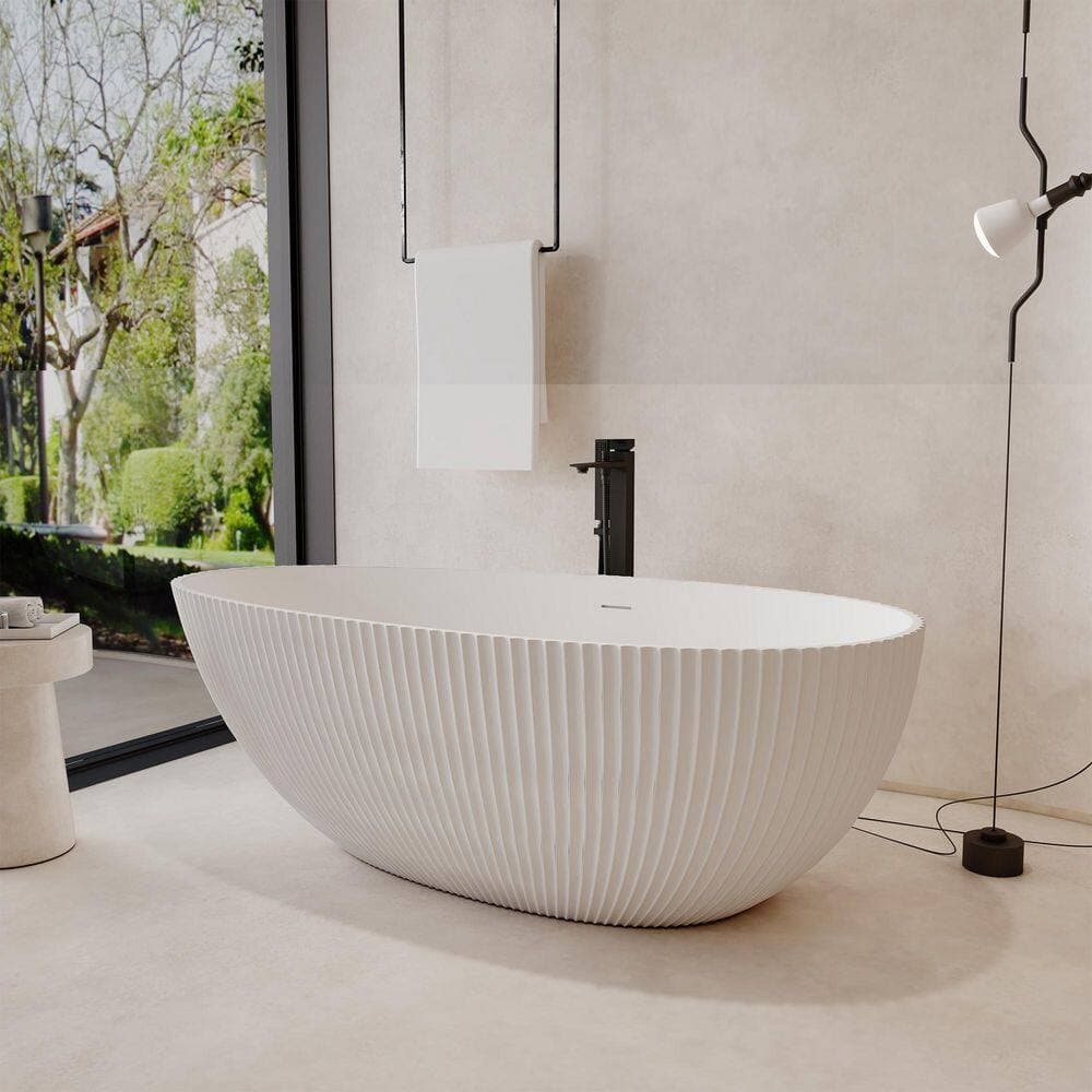 CASAINC 67 in. x 33.5 in. Freestanding Stone Resin Solid Surface Soaking Bathtub in Matte White, Vertical Pattern Design (3)