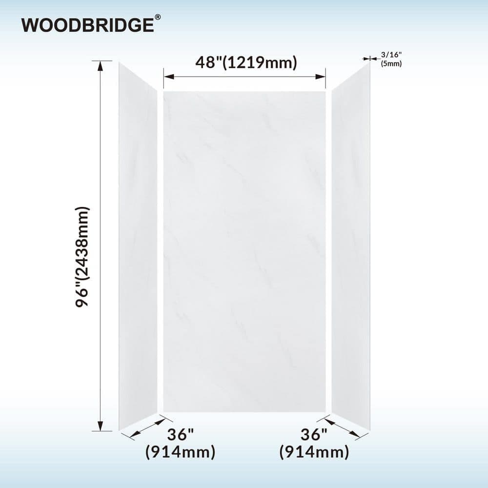 WOODBRIDGE 36 in. x 48 in. x 96 in. 3-Piece Easy Glue Up Alcove Shower Wall Surround in Carrara White (3)