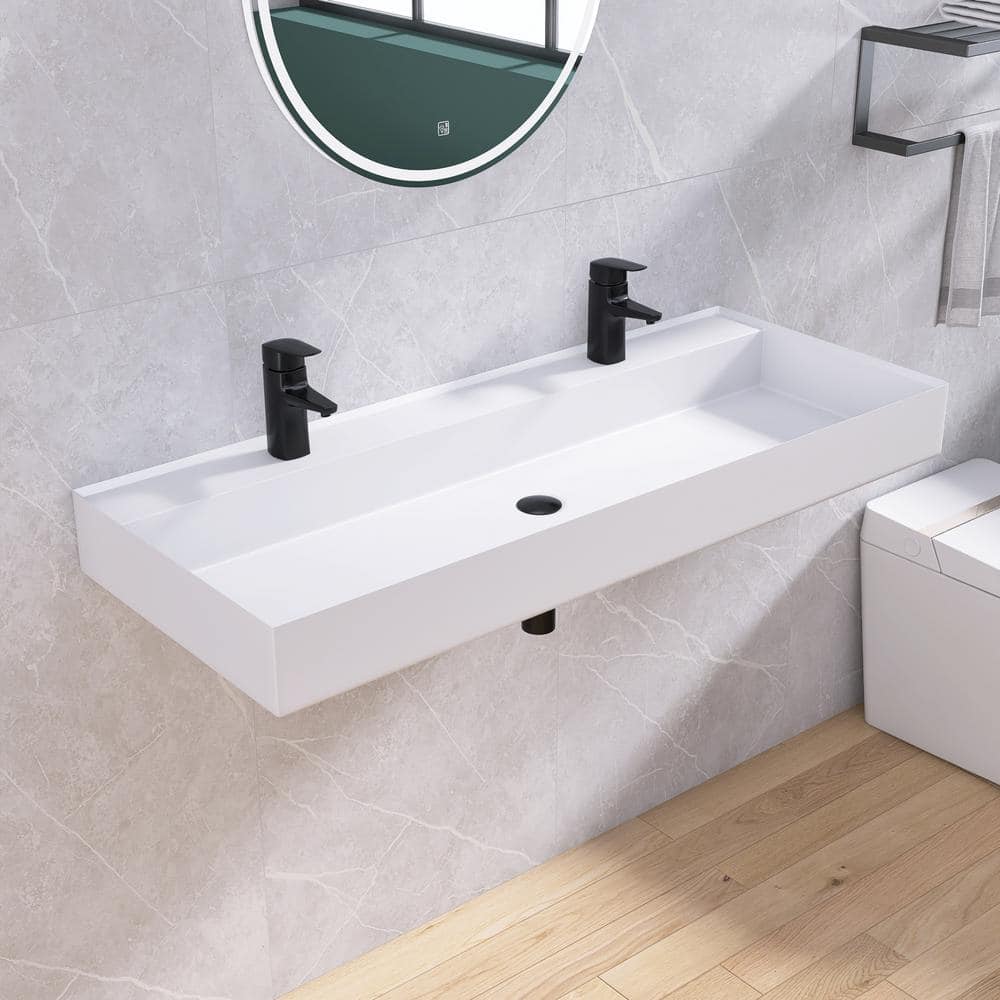 MEDUNJESS 47 in. x 19 in. Solid Surface Wall-Mounted Bathroom Vessel Sink in White with Double Faucet Holes (1)