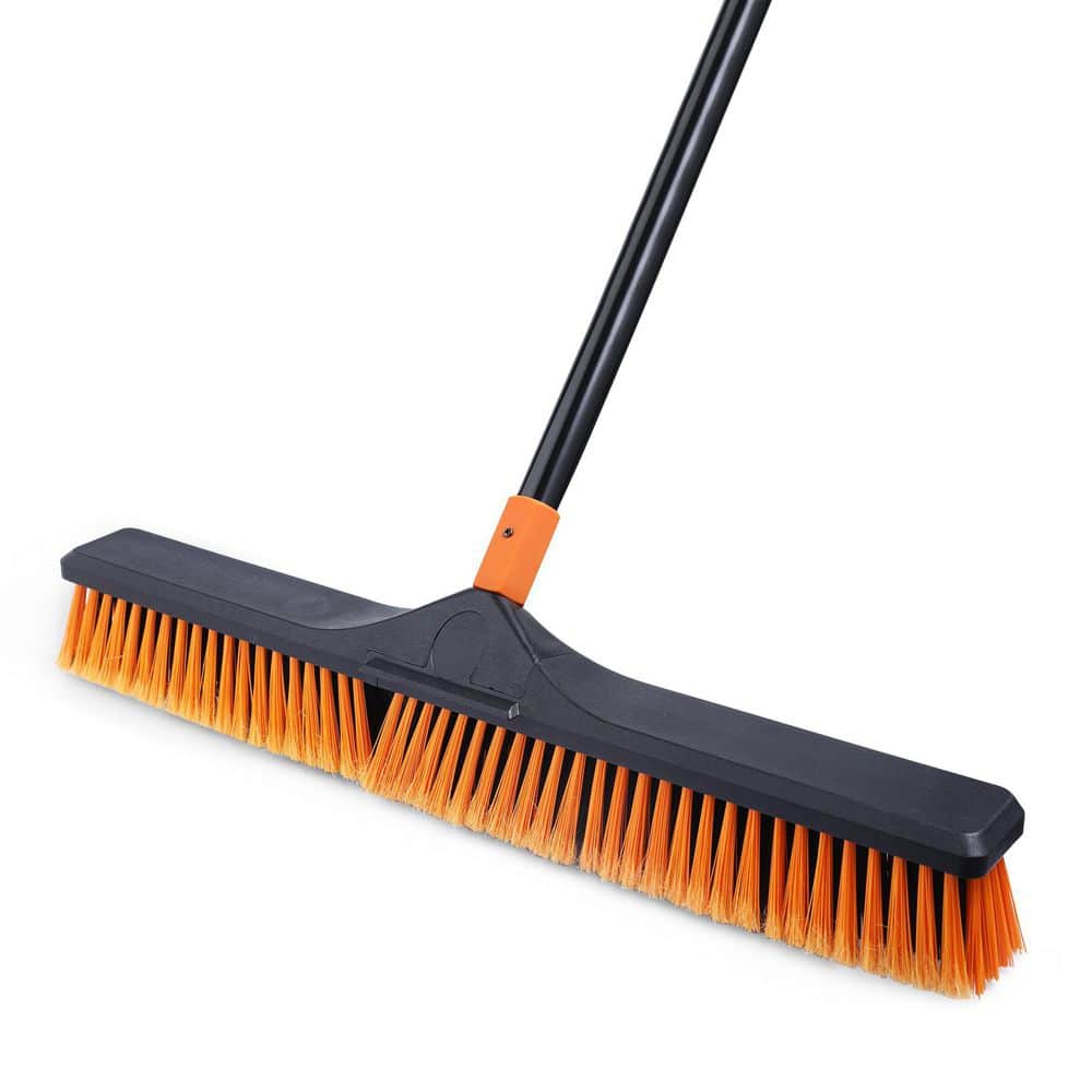 NVNOO 24 in. Push Broom Brush with 65 in. Long Handle and Stiff Bristles for Deck Garage Concrete, Orange (1-Pack) (1)