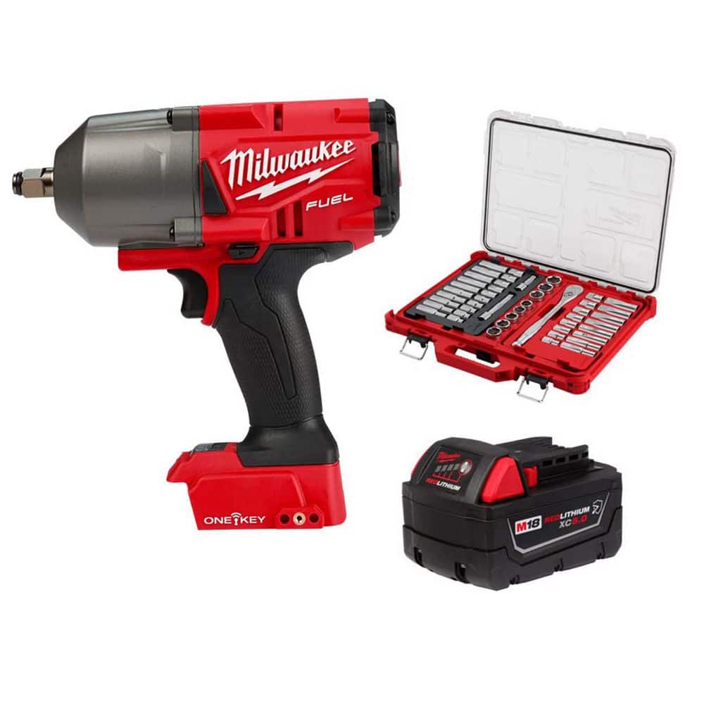 Milwaukee M18 FUEL ONE-KEY 18V Lith-Ion Brushless Cordless 1/2 in. Impact Wrench w/ 5.0 Ah Battery & Mechanics Ratchet/Socket Set (1)
